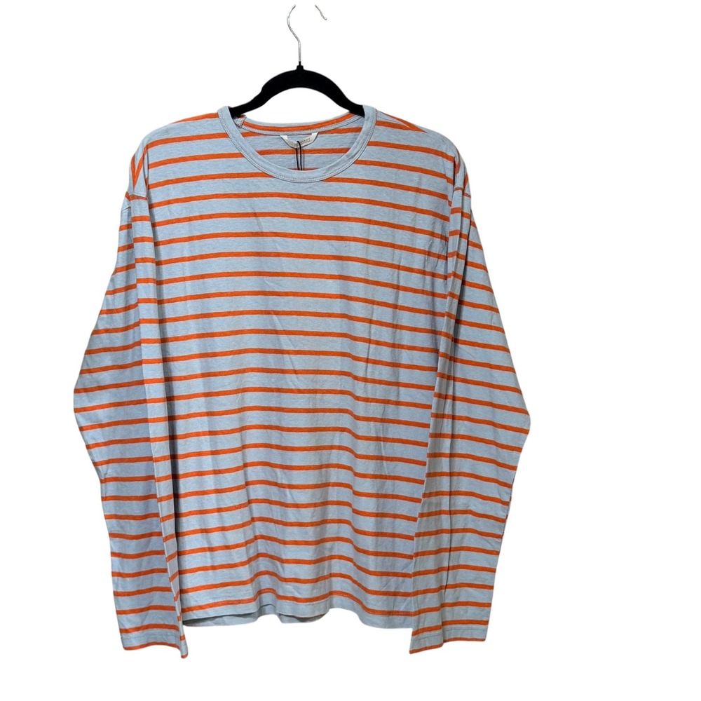 Zara Womens XS Blue Orange Striped Long Sleeve Cotton Linen Blend T-Shirt